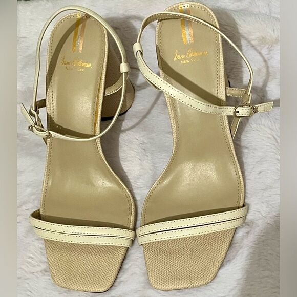 Sam Edelman Kit Ivory Leather Heel Sandal Small Discoloration on one heel SZ 9 - Picture 1 of 12